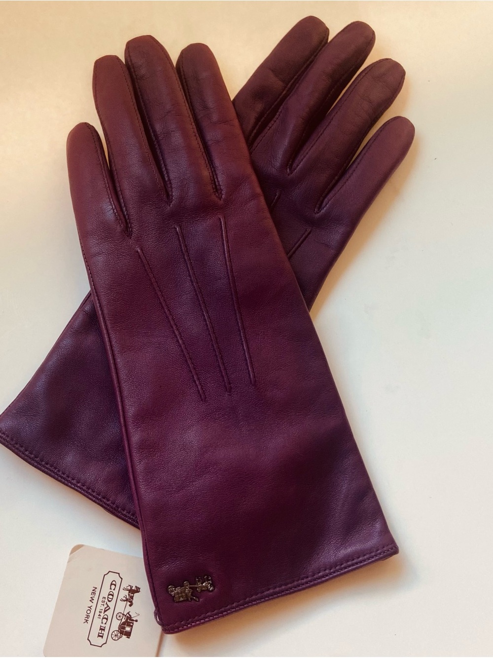 Coach Women's Plum Leather Gloves: Sheepskin Leather & Merino Wool w/ metal logo